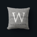Chic Grey Linen Newlywed Monogram Wedding Keepsake Cushion<br><div class="desc">Elegant wedding keepsake grey woven linen effect pillow with your names, monogram and married name in chic handwritten script calligraphy and modern typography. Simply add your names and monogram. Great home decor gift for a newlywed couple. Exclusively designed for you by Happy Dolphin Studio. If you need any help or...</div>
