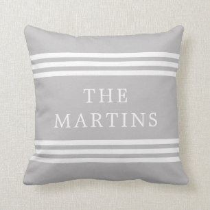 Chic Grey Modern Stripes Family Name Cushion
