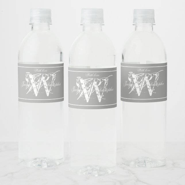 Chic Grey Monogram + Names Modern Wedding Water Bottle Label (Bottles)