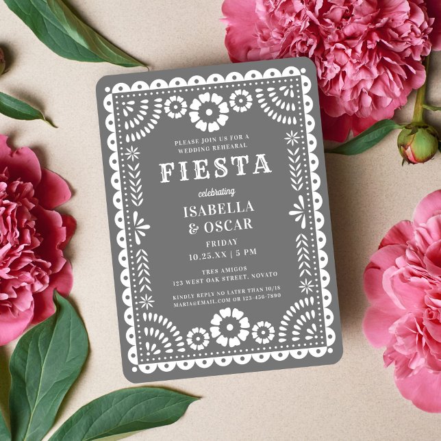 Chic Grey Papel Picado Wedding Rehearsal Dinner Invitation (Creator Uploaded)
