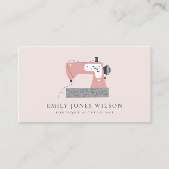 CHIC GREY PEACH BLUSH PINK SEWING MACHINE TAILOR BUSINESS CARD (Front)