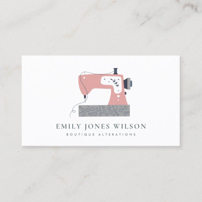 CHIC GREY PEACH BLUSH PINK SEWING MACHINE TAILOR BUSINESS CARD (Front)
