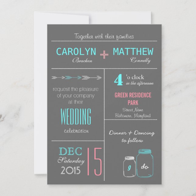 Chic Grey | Pink | Blue MasonJar Wedding Invite (Front)