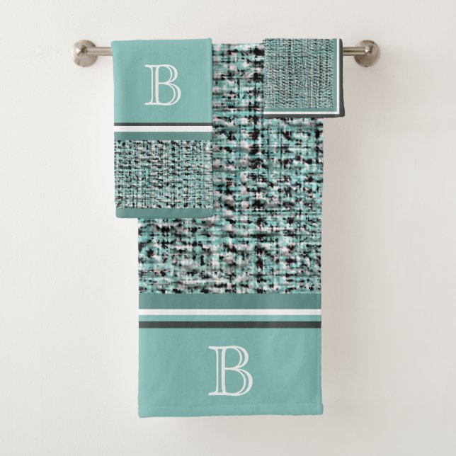 Chic Grey Seafoam Blue Green Boucle Pattern Custom Bath Towel Set (Insitu)