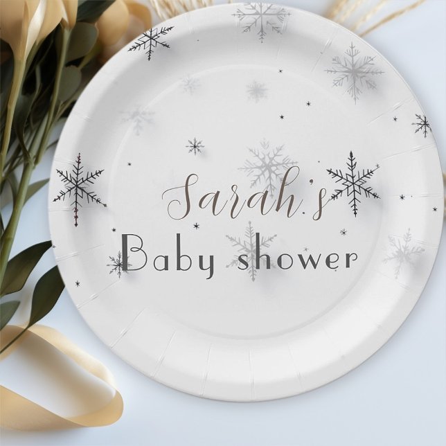 chic grey Snowflakes winter  Baby shower  Paper Plate (Creator Uploaded)
