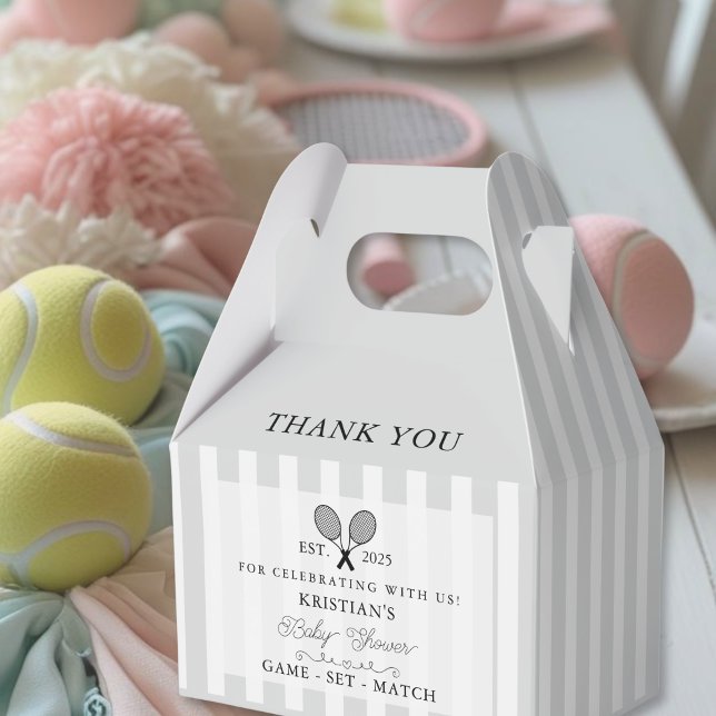 Chic Grey Stripes Tennis Baby Shower Thank You  Favour Box (elegant grey tennis theme stripes baby shower favor box for guest gifts or prizes at chic preppy era)