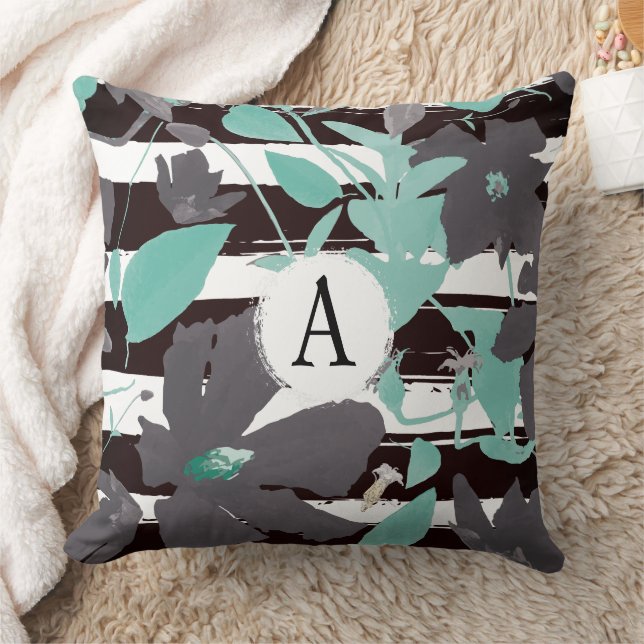 Chic Grey Teal Floral Stripe Monogramed Pattern Cushion (Blanket)