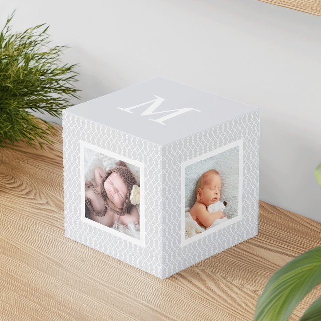Chic Grey Trellis Pattern Monogram Photo Cube (Creator Uploaded)