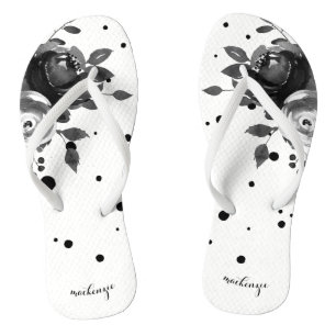 Chic Grey Watercolor Floral with Dots and Add Name Flip Flops