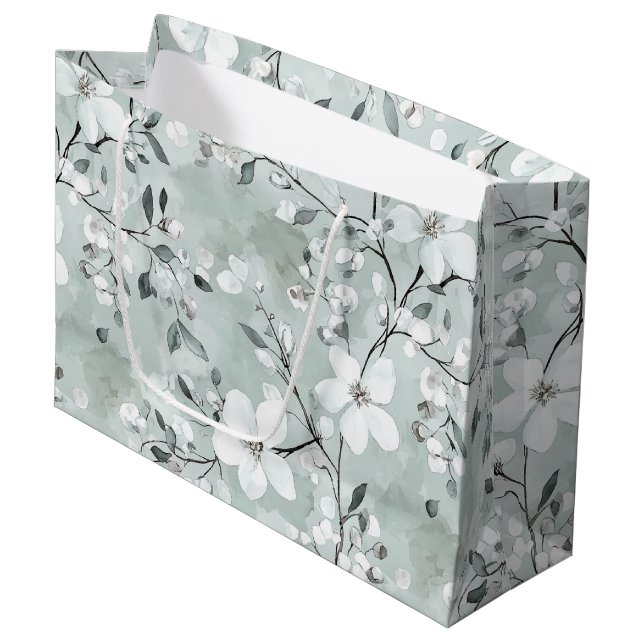 Chic Grey White Blue Floral Bridal Shower Large Gift Bag (Front Angled)