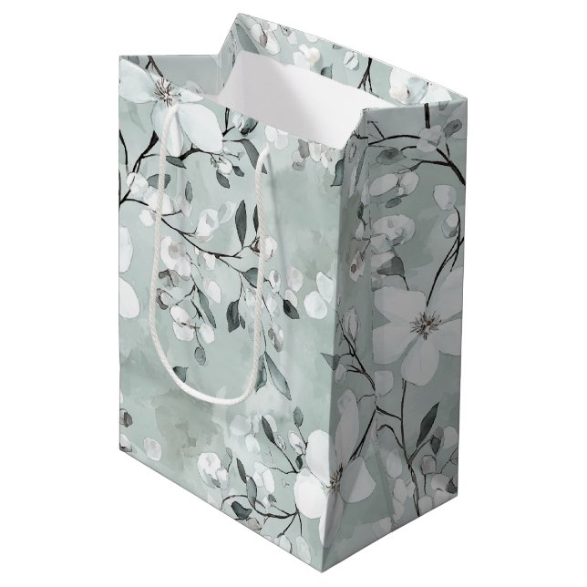 Chic Grey White Blue Floral Bridal Shower Medium Gift Bag (Front Angled)