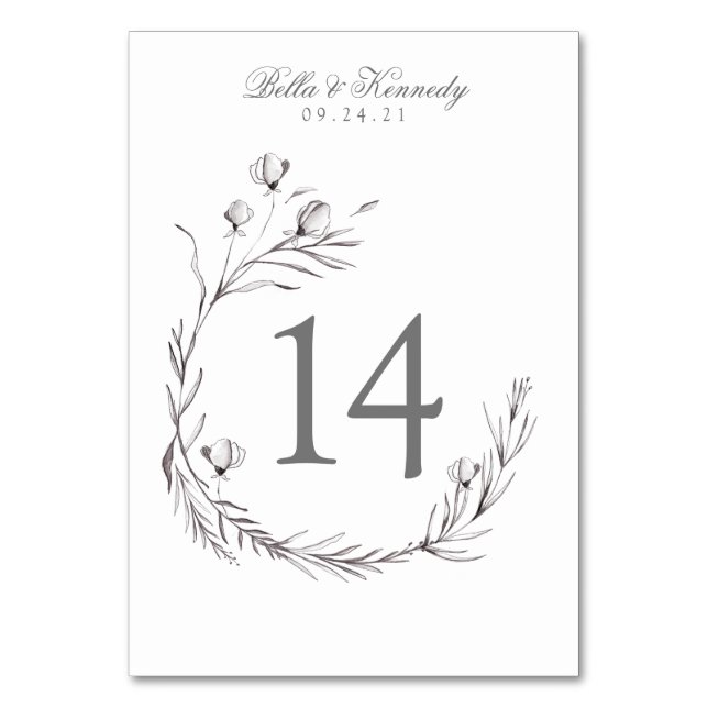 Chic Grey White Botanical Wreath Wedding Table Number (Front)