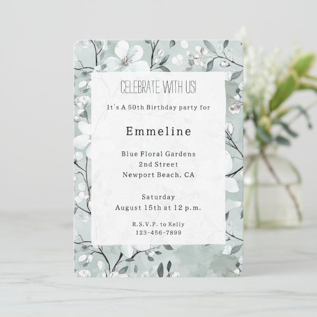 Chic Grey White Flowers Birthday Invitation (Standing Front)