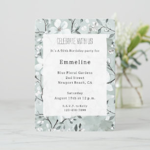Chic Grey White Flowers Birthday Invitation