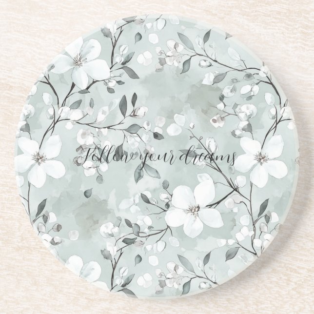 Chic Grey White Flowers Coaster (Front)