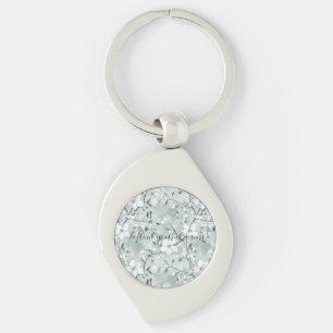 Chic Grey White Flowers Key Ring