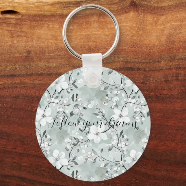 Chic Grey White Flowers Key Ring (Front)