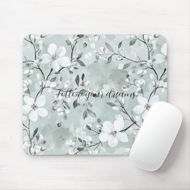 Chic Grey White Flowers Mouse Mat (With Mouse)