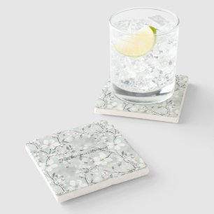 Chic Grey White Flowers Stone Coaster