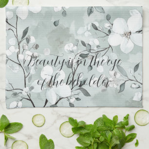 Chic Grey White Flowers Tea Towel