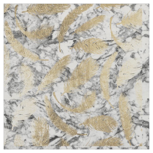 Chic grey white marble faux gold feathers pattern fabric (Swatch)