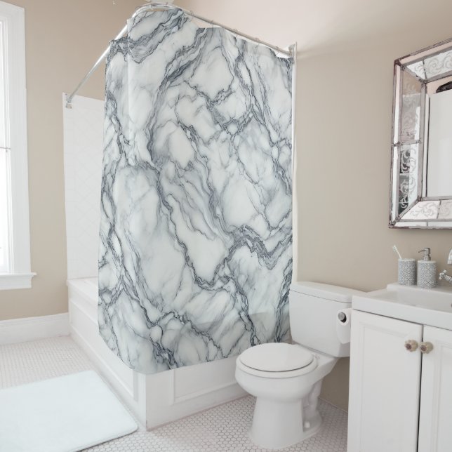 Chic Grey & White Marble Look Glamour Shower Curtain (In Situ)
