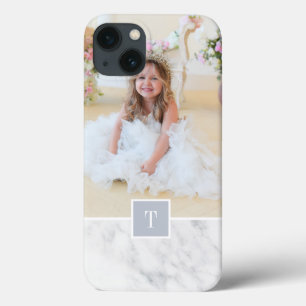 Chic Grey & White Marble Photo & Monogram iPhone 13 Case