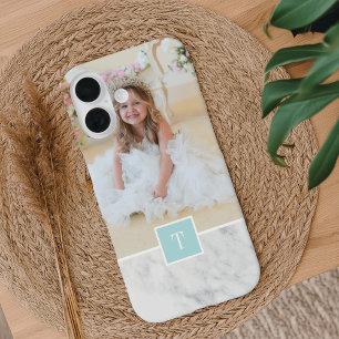 Chic Grey & White Marble Photo & Monogram iPhone 16 Case