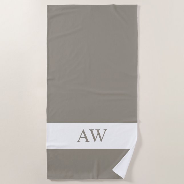 Chic Grey White Monogrammed Beach Towel (Front)