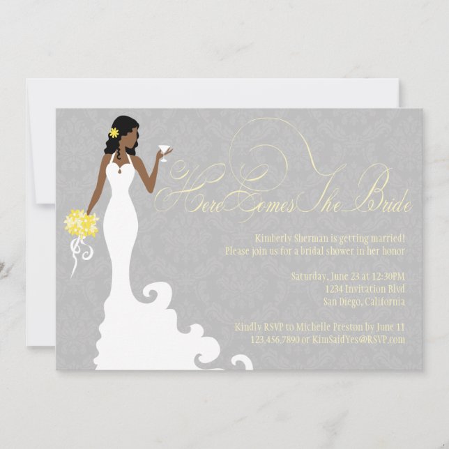 Chic Grey Yellow Here Comes the Bride Shower Invitation (Front)