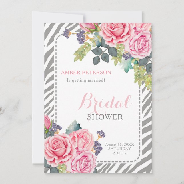 Chic Grey Zebra Print Pink Roses Bridal Shower Invitation (Front)