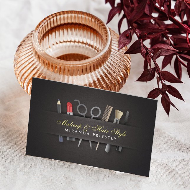 Chic Hair stylist and Makeup Artist Black Linen Business Card (Creator Uploaded)