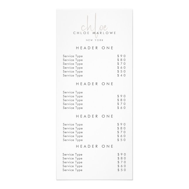 Chic Hair Stylist Beauty Salon Price List Rack Card (Front)