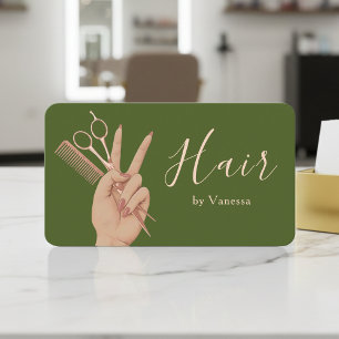 Chic Hairstylist Hairdresser Moss Green Rose Gold Business Card