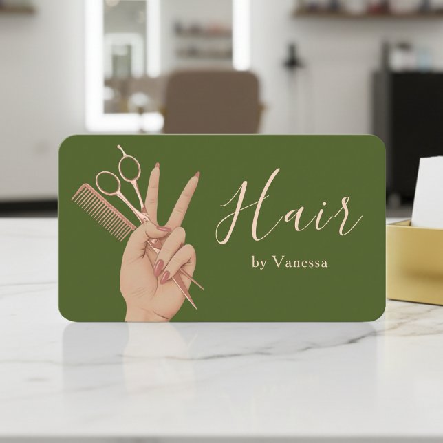 Chic Hairstylist Hairdresser Moss Green Rose Gold Business Card (Creator Uploaded)