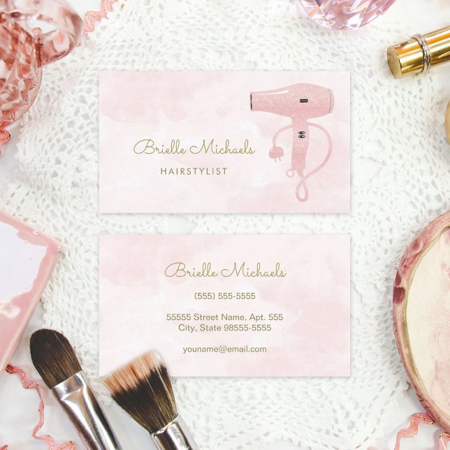 Chic Hairstylist Soft Pink FAUX Glitter Hairdryer Business Card (Chic Hairstylist Soft Pink FAUX Glitter Hairdryer Business Cards)