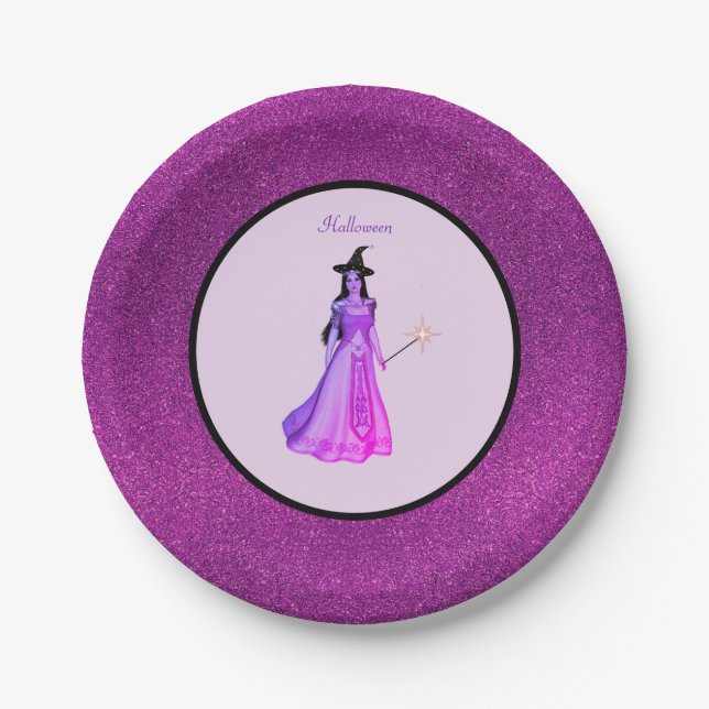 Chic Halloween witch on violet & glitter purple Paper Plate (Front)