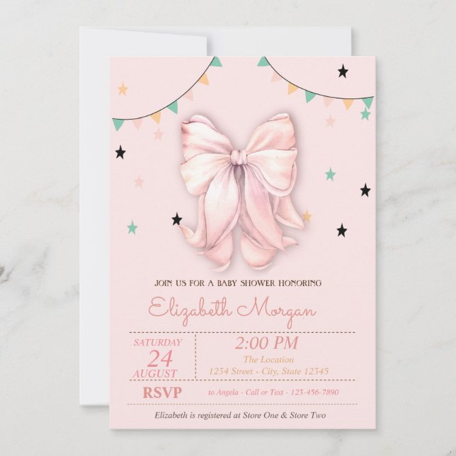 Chic Hand Drawing Pink Bow Stars Baby Shower  Invitation (Front)