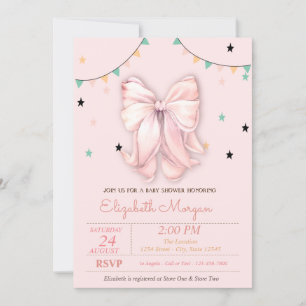 Chic Hand Drawing Pink Bow Stars Baby Shower Invitation