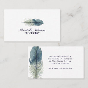Chic Hand drawn blue grey watercolor feather Business Card