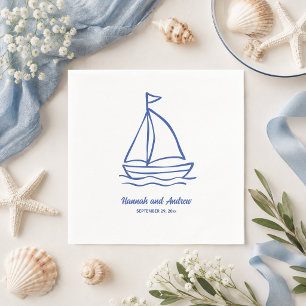 Chic Hand Drawn Boat with Waves Wedding Napkin