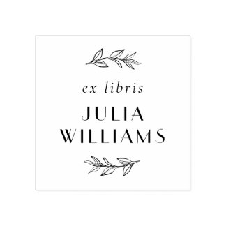 Chic Hand-drawn Botanical Leaves Ex Libris Name Rubber Stamp