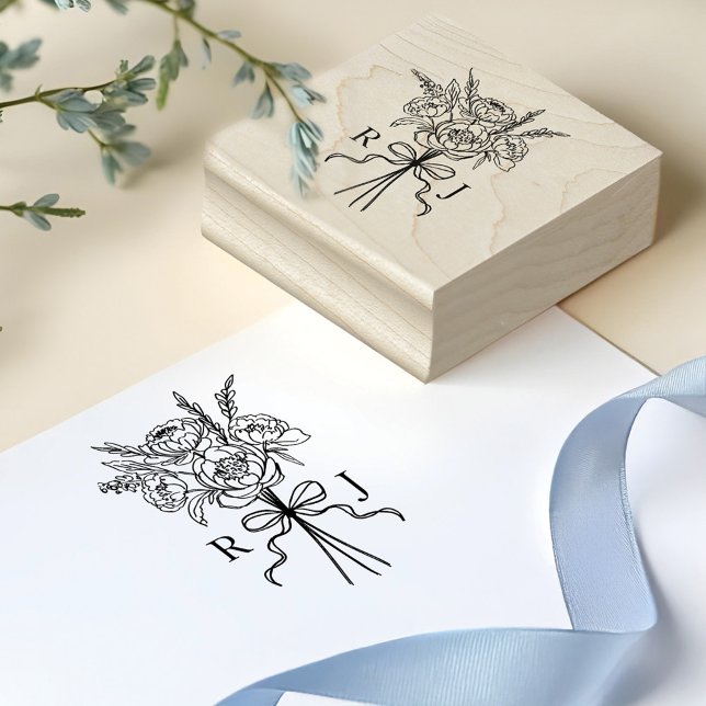 Chic Hand Drawn Bow & Floral Bouquet Monogram  Rubber Stamp (Chic Hand Drawn Bow & Floral Bouquet Monogram Rubber Stamp)