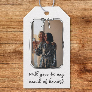 Chic Hand Drawn Bow Maid of Honour Proposal Photo Gift Tags