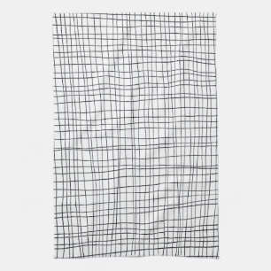 Chic hand drawn stripe black & white grid tea towel