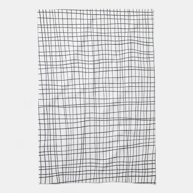 Chic hand drawn stripe black & white grid tea towel (Vertical)