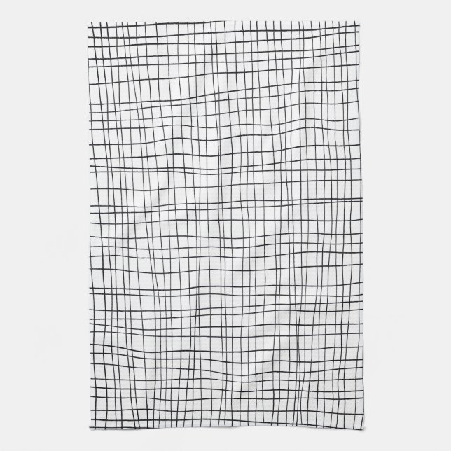 Chic hand drawn stripe grid black & white tea towel (Vertical)