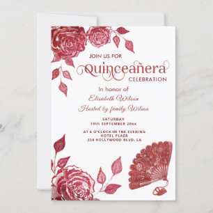 Chic hand fan romantic red roses Quinceañera Invitation