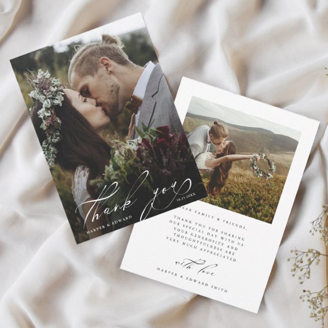 Chic Hand Lettered 2 Photo Wedding  Thank You Card (Creator Uploaded)