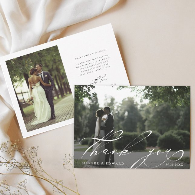 Chic Hand Lettered 2 Photo Wedding  Thank You Card (Creator Uploaded)